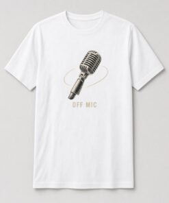 Off Mic Vintage Microphone unisex t-shirt in white with tilted vintage microphone with an orbit line